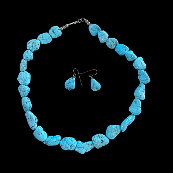 Turquoise Nugget Necklace & Drop Earrings Set Southwestern  Statement Jewelry - Picture 2 of 7